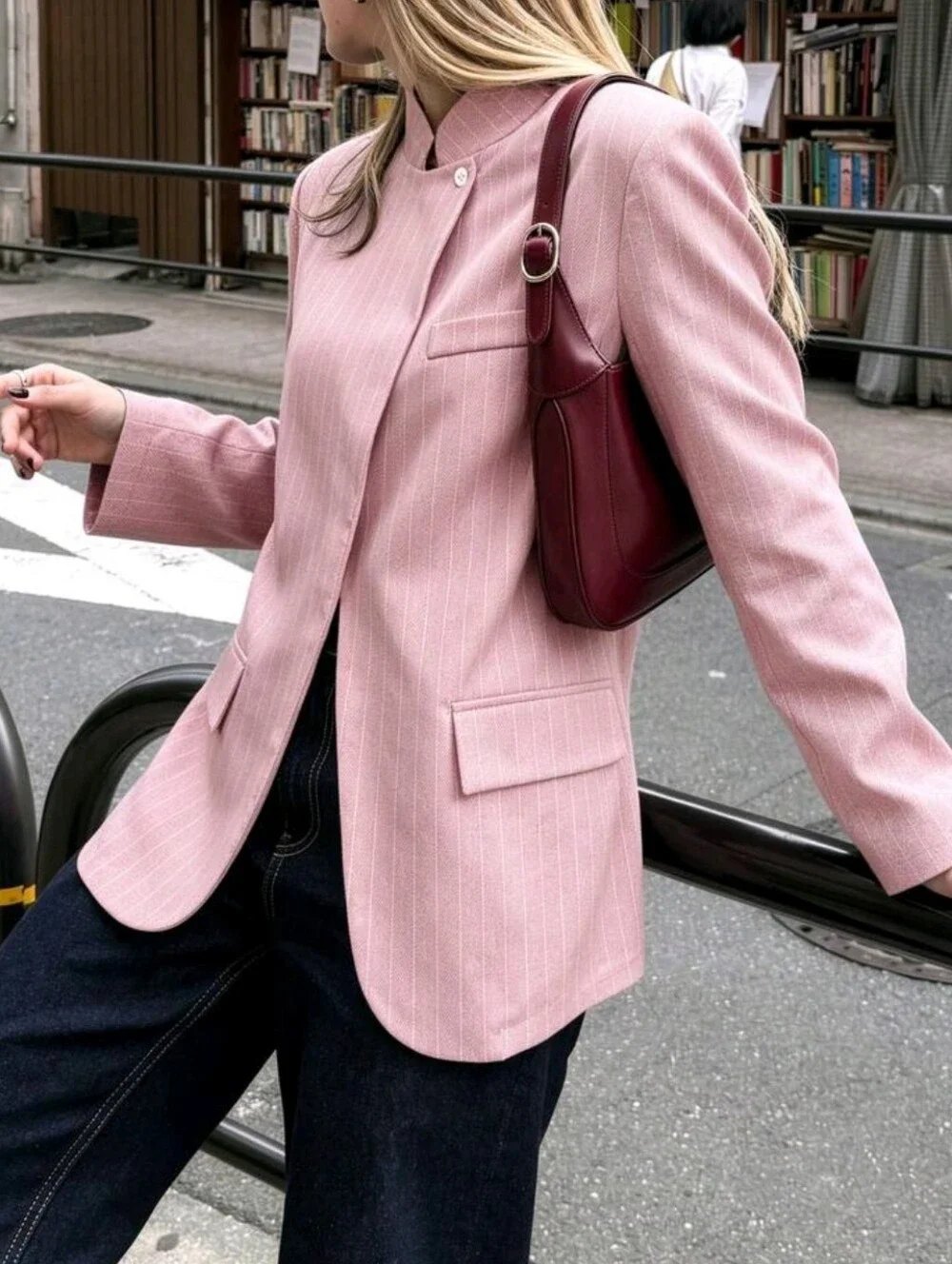 Women's French Gentle Style Pink Stand Collar Asymmetric Button Loose Silhouette